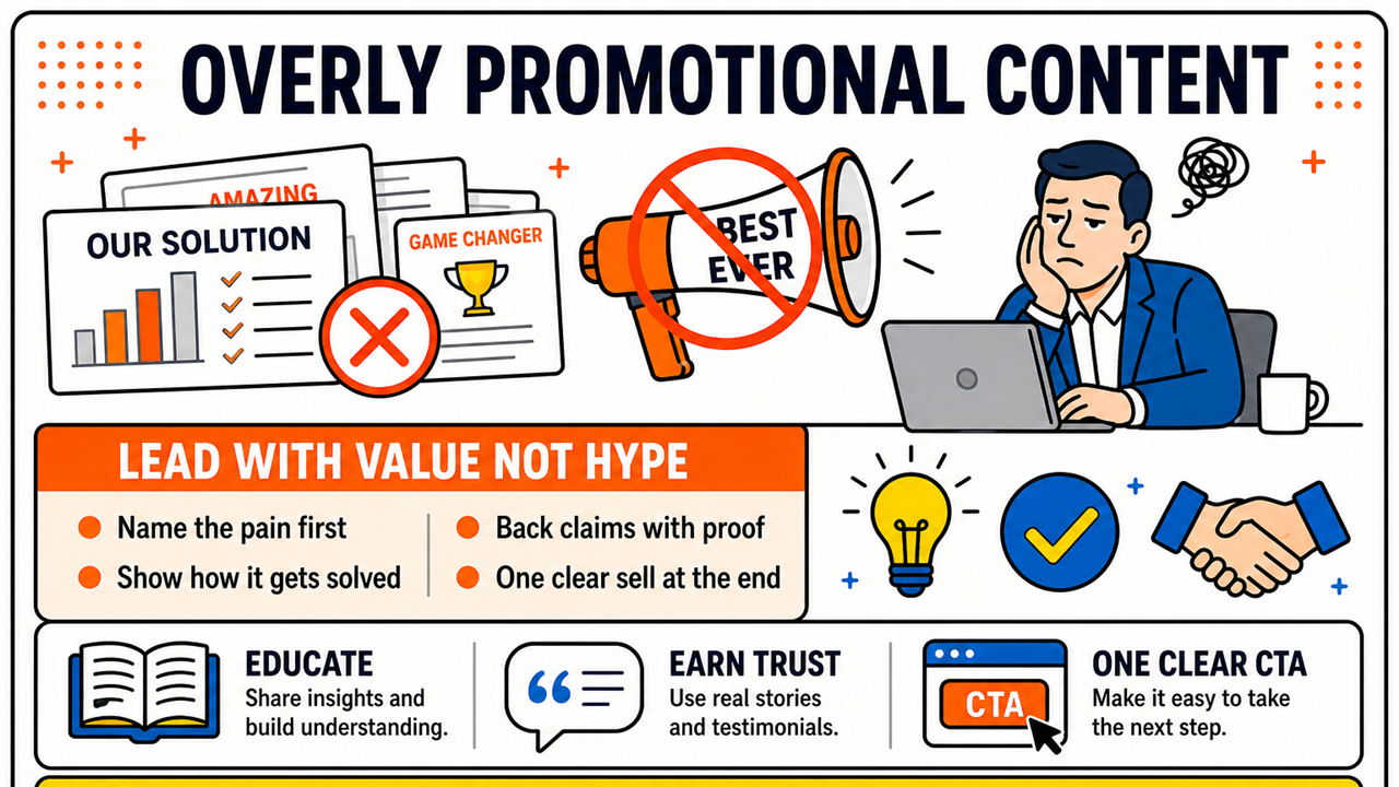 Overly promotional B2B video content: avoid pitch-deck-on-camera scripts, lead with problem-solving and proof, and save one clear sell moment for the end so watch time and trust stay strong.